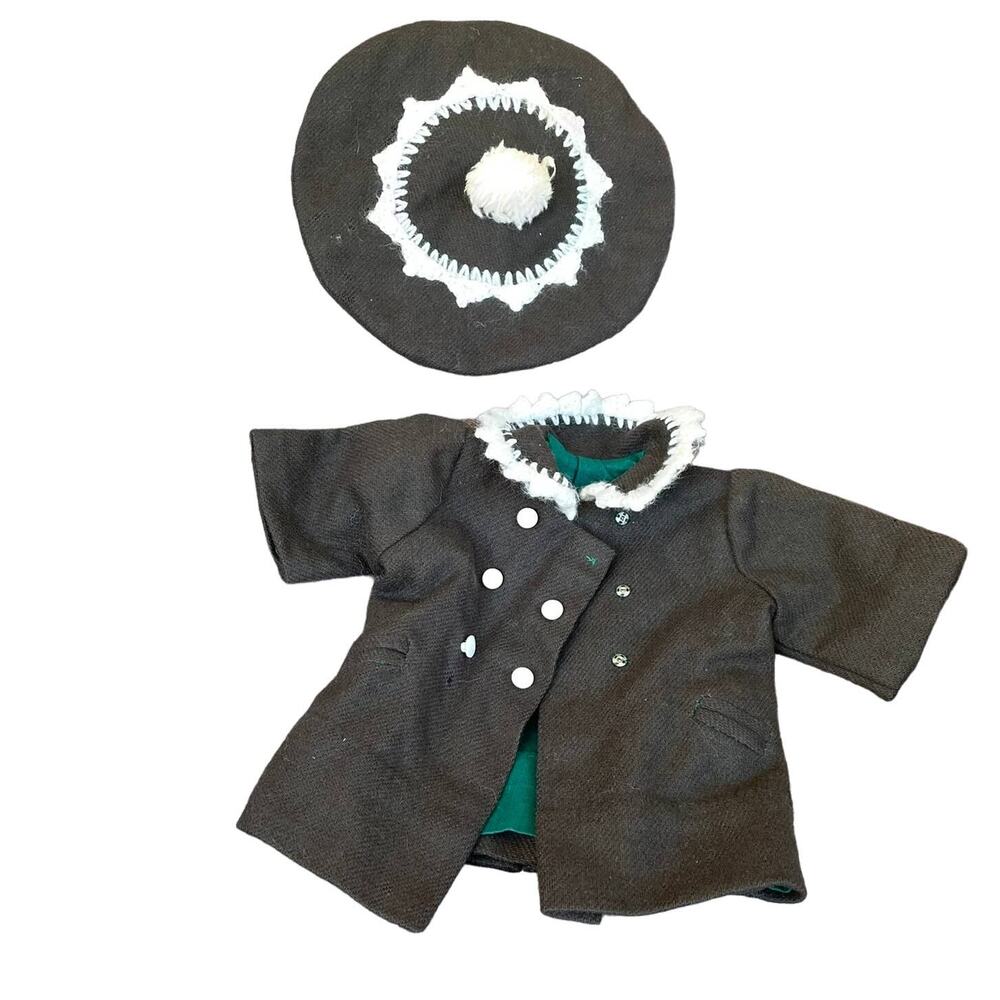 Vintage Doll Coat & Hat Wool(?) Dark Green Pea Coat & hat w/ White Trim READ